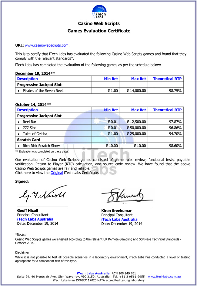 CasinoWebScripts Games Certification from iTech Labs CasinoWebScripts Games Certification from iTech Labs