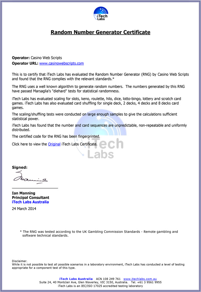 CasinoWebScripts RNG Certificate from iTech Labs CasinoWebScripts RNG Certificate from iTech Labs
