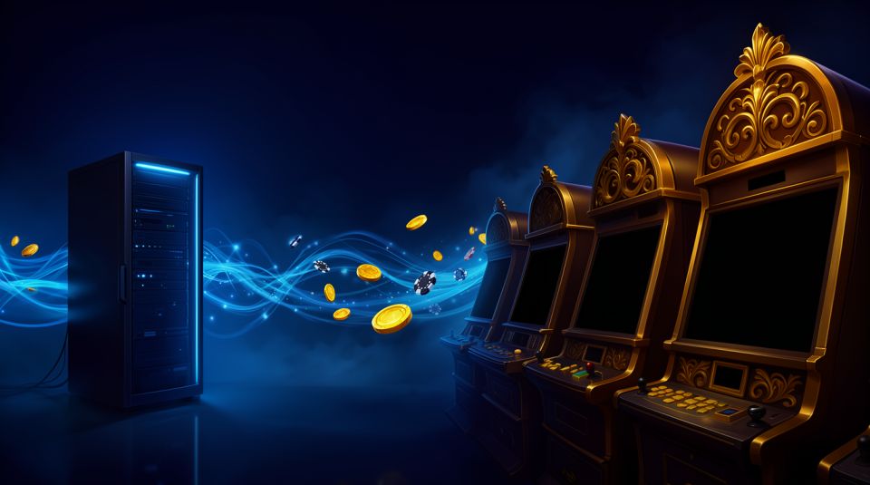 casino api cost glowing network lines linking a server to slot cabinets