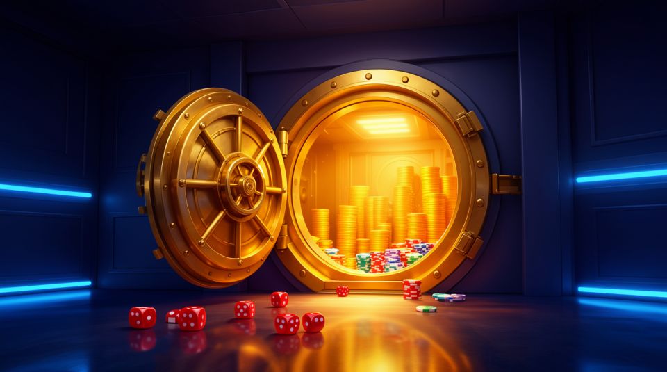 casino game source code ownership concept with golden vault and slot reels