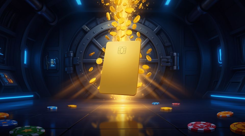 casino payment processing golden card and coins flowing through a dark vault
