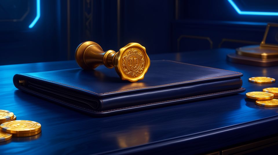 online gambling license golden seal and document folder on dark casino desk