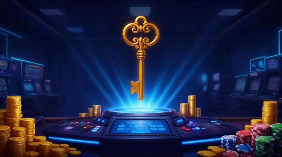 Turnkey online casino price concept with golden key, platform terminal, gold coins and casino chips